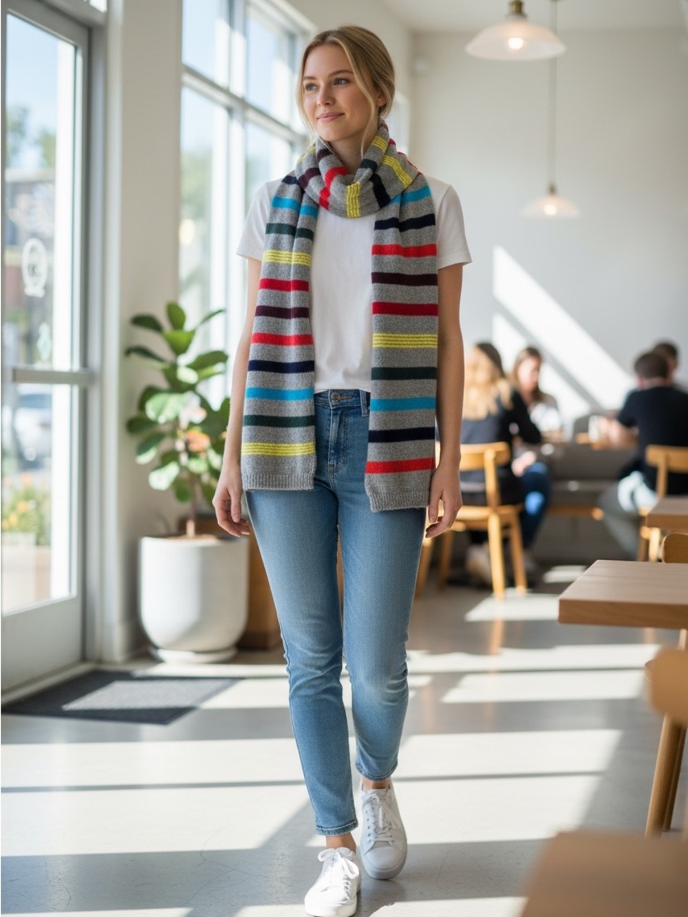 GAP Scarf, Long, Gray Multicolor Rainbow Stripe